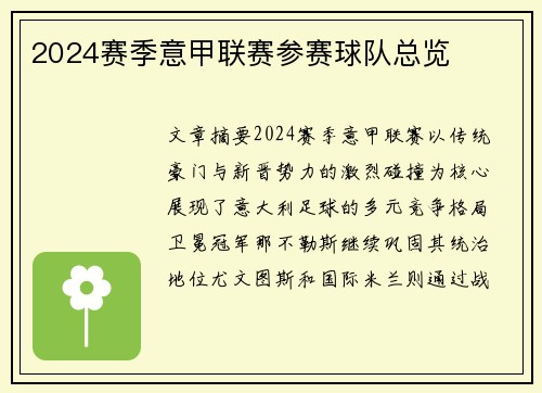 2024赛季意甲联赛参赛球队总览